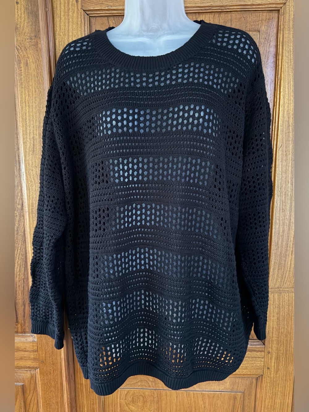 Women's Black Open-Knit Crewneck Sweater